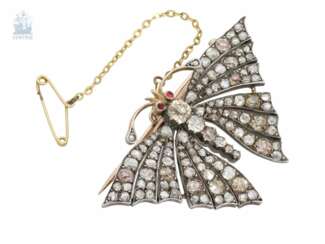 Brosche/Nadel: exquisite antike Insektenbrosche "Schmetterling" mit reichem Diamantbesatz, inklusive seltener pinker Altschliff-Diamanten, ca. 5ct, Art déco