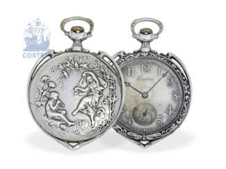 Pocket watch: extremely beautiful and extremely rare Longines Art Nouveau pocket watch with a signed-relief housing in the shape of a heart, Longines 1910