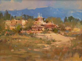 Yates, Marilyn (Malerin 20. Jh.) &quot;Ansicht einer Ranch in New Mexiko&quot;, Öl/ Hartfaser, sign. u.r., 30,5x41 cm, Rahmen