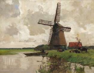 Kayser-Eichberg, Carl (1873 Eichberg-1964 Potsdam) &quot;Angler an Windmühle im Havelland&quot;, Öl/ Lw., sign. u.r., 50x61 cm, Rahmen