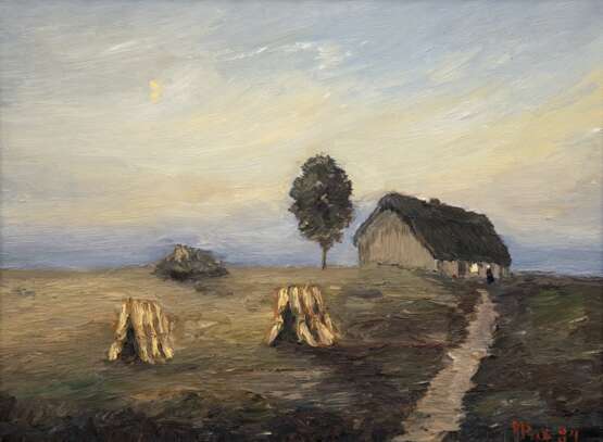 Pick, Hans (1931 Düren-2014 Worpswede) "Gehöft und Kornhocken im Teufelsmoor", Öl/ hartfaser, sign. u.r. und dat. ´84, 30x40 cm, Rahmen - Foto 1