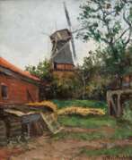 Обзор. &quot;Hinterhof mit Blick auf die Mühle&quot;, Öl/ Karton, undeutl. sign. u.r., 50,5x39 cm, Rahmen