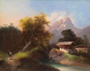 Hampe, Guido (1839 Berlin-1891 ebenda) &quot;Berglandschaft mit Wanderer am Gebirgsbach&quot;, Öl/ Lw., 4 kl. Hinterlegungen, unsign., rückseitig alter Klebezettel &quot;Guido Hampe&quot;, 42x53 cm, Rahmen