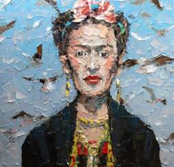 Wagner, Frank (geb. 1967 Kühlungsborn) &quot;Frida Kahlo&quot;, Spachteltechnik/ Öl/ Lw., rückseitig auf Lw. sign., 110x110 cm, ungerahmt (F. Wagner arbeitet seit 1995 als selbstständiger Kunstmaler in Kühlungsborn. Er s…