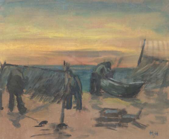 Holtz-Sommer, Hedwig (1901 Berlin- 1970 Wustrow) "Fischerboote am Wustrower Strand", Aquarell, monogr. u.r., rückseitig "Herrenporträt", 41x50 cm, im Passepartout hinter Glas und Rahme… - photo 1