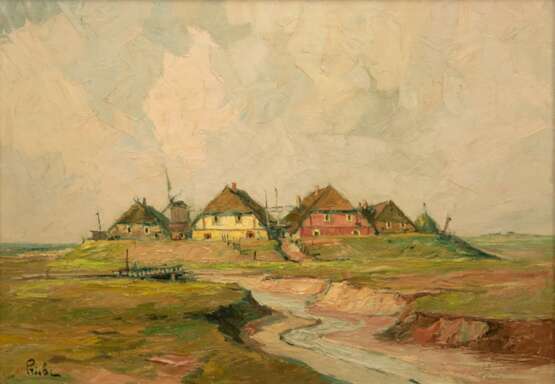 Priebe, Rudolf (1889 Schulakowa-1964 Hamburg) "Fischerdorf mit Mühle an der Küste", Öl/ Lw., Lw. besch., 60x81 cm, Rahmen - Foto 1