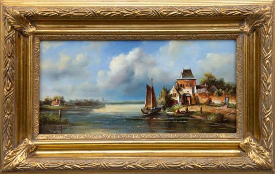 Becker, U. ( Maler 20. Jh.) "Anlandendes Segelboot mit Personenstaffage", Öl/ Holz, sign. u.r., 20x40 cm, Rahmen - photo 1