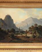 Aperçu. Künstler 19./ 20. Jh. &amp;quot;Bergdorf in den Alpen mit Personenstaffage&amp;quot;, Öl/ Lw., unsign., 36x47 cm, Rahmen