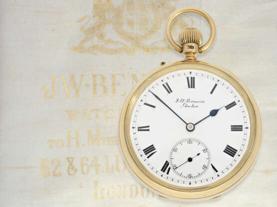 Taschenuhr: schwere englische Präzisionstaschenuhr im 18K Goldgehäuse mit Originalbox, königlicher Uhrmacher J.W. Benson No.146962, London1901 - photo 1