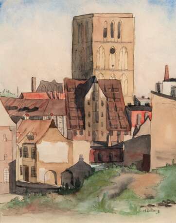 Dolberg, Helene (1881 Barkow-1979 Hildesheim) "Altstadt Rostock", Aquarell, sign. u.r., 27x21,5 cm, im Passepartout hinter Glas und Rahmen (seit 1925 Teilnahme an Ausstellungen in Leipzig, Rostock und Schwerin,… - Foto 1