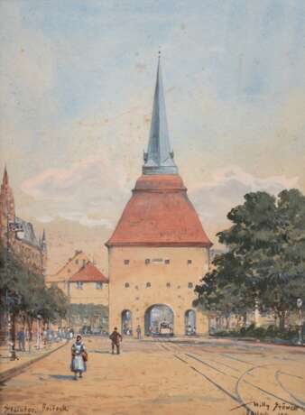 Stöwer, Willy (1864 Wolgast-1931 Berlin) "Das Steintor in Rostock", Aquarell, sign. u.r. und dat. 1921, min. stockfleckig, 37x26 cm, hinter Glas und Rahmen - photo 1