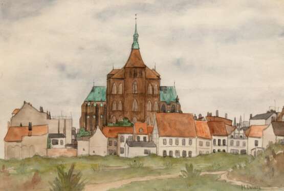 Dolberg, Helene (1881 Barkow-1979 Hildesheim) "Ansicht von Rostock", Aquarell, sign. u.r., 20,5x30 cm, im Passepartout hinter Glas und Rahmen (seit 1925 Teilnahme an Ausstellungen in Leipzig, Rostock und Schwer… - photo 1