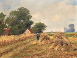 Couné, Jean (1900-1963 Düsseldorf) &quot;Bäuerin am Kornfeld vor niederrheinischem Gehöft&quot;, Öl/ Lw., sign. u.r., 40x50 cm, Rahnen