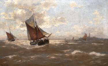 Günter, Erwin (1864 Hamburg-1927 Düsseldorf) &quot;Segler vor holländischer Küste&quot;, Öl/ Lw., 1 Hinterlegung, sign. u.l. mit Ortsangabe &quot;Ddf-Düsseldorf&quot;, 66x100 cm, Rahmen (Hamburger Marinemaler, Schüler de…