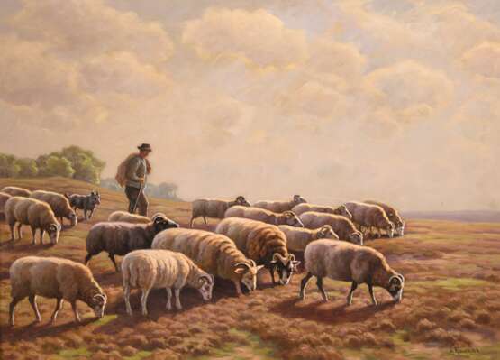 Kaufhold, August (1884 Bremen-1955 Dötlingn) "Schäfer mit seiner Herde in weiter Landschaft", Öl/ Lw./ Platte, sign. u.r., 61x80 cm, Rahmen - Foto 1