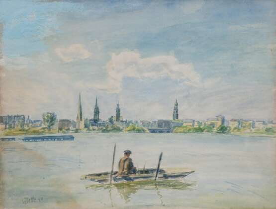 "Vormittags auf der Alster", Pastell, undeutl. sign. u.l. und dat.´47, 28x35 cm, hinter Glas und Rahmen - Foto 1