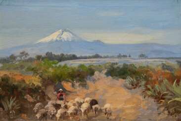 Monogrammist &amp;quot;JVC&amp;quot; &amp;quot;Schafherde vor dem Fujiyama&amp;quot;, Öl/ Lw., monogr. u.r. und dat. ´04, 42x59 cm, Rahmen