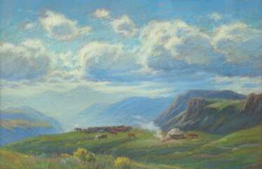 Unbekannter Maler &quot;Grasende Pferde in Hochgebirgslandschaft&quot;, Pastell, undeutlich signiert u.r., 41x59,5 cm, hinter Glas und Rahmen