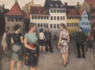 Olsen, Otto (1905-1966, Dänischer Maler) &quot;Straßenszene&quot;, Öl/ Lw., sign. u.r., starke Farbverluste, 60x75 cm, Rahmen