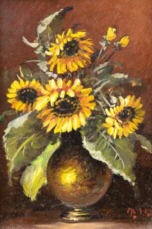 Stöver, Paula (1918 Bremen-1982 Worpswede) "Stilleben mit Sonnenblumen", Öl/ Hartfaser, sign. u.r., 14,5x10 cm, Rahmen - Foto 1