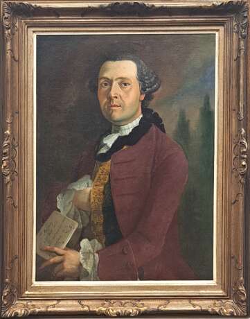 Maler 18. Jh. "Porträt eines Herren mit einem Brief in der Hand, auf dem steht "Monsieur Jean Jacob ... ", Öl/ Lw., unsign., 78x58 cm, Rahmen - Foto 1