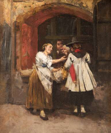 Spanischer Impressionist um 1900 "Frauengespräche am Fenster", Öl/ Lw., unsign., 39x32 cm, Rahmen - photo 1