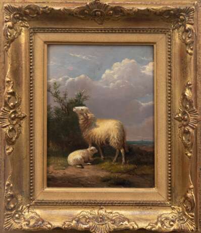 Verboeckhoven, Eugéne Joseph (1798/99 Warneton-1881 Brüssel) "Schaf mit Lamm", Öl/ Karton, sign. u.r., 20x15,5 cm, Rahmen (Verboeckhoven gehörte zu den bedeutendsten Tier- und Landschaftsmalern der belgischen S… - фото 1