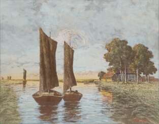 Rogge, Cornelius (Worpsweder Künstler 1874-1936) &quot;Torfkähne auf der Hamme&quot;, Farblitho., nach einem Gemälde des Künstlers, 49x60 cm, hinter Glas und Rahmen