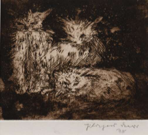 Daerr, Hildegard (1913-2004) "Katzen", Radierung, sign. u.r. und dat. ´78, 12x13,5 cm, im Passepartout - photo 1