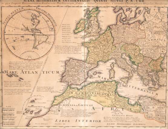 Weigel, Johann Christoph "Scena Historiarum Occidentalis quinti seculi P.N. Chr. -Detaillierte Karte von Europa und dem westlichen Mittelmeerraum", Karte von Europa aus dem „Atlas Manualis Scolasticus et Itine… - фото 1