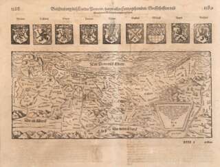 &quot;Beschreibung des Landes Pomern, samt allen Herzogthumben und fürnemmen Stetten darin gelegen&quot;, Doppelseite aus Sebastian Münster Cosmographia 1565, Verlag Heinrich Petri, 33x42,5 cm, im Passepartout hinter Gla…