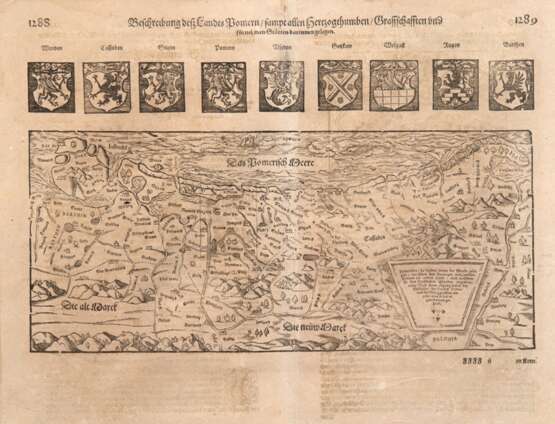 "Beschreibung des Landes Pomern, samt allen Herzogthumben und fürnemmen Stetten darin gelegen", Doppelseite aus Sebastian Münster Cosmographia 1565, Verlag Heinrich Petri, 33x42,5 cm, im Passepartout hinter Gla… - Foto 1