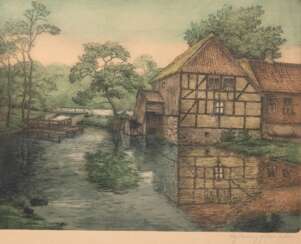 Möller, Peder (Dänischer Künstler 19./ 20. Jh.) &quot;Bauernhof mit Wassermühle&quot;, Radierung, sign. u.r., 31x41 cm, hinter Glas und Rahmen