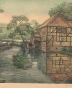 Grafiken. Möller, Peder (Dänischer Künstler 19./ 20. Jh.) &amp;quot;Bauernhof mit Wassermühle&amp;quot;, Radierung, sign. u.r., 31x41 cm, hinter Glas und Rahmen