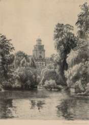 Schumacher, Bernhard Bernard (1872 Kassel-1932 Neumünster) &quot;Blick über den Teich mit Vicelin Kirche Neumünster&quot;, Radierung, sign. u.r., 20x14,5 cm, hinter Glas und Rahmen