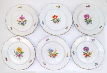 6 Meissen-Speiseteller, Bunte Blume 3 mit Goldrand, Altozier, Schwertermarke mit 2 Schleifstrichen, Dm. 26,5 cm