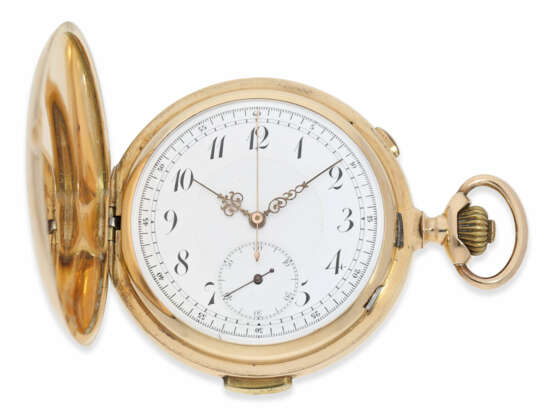 Taschenuhr: besonders große und schwere Goldsavonnette mit Minutenrepetition und Chronograph, Le Phare (Barbezat Baillot) Swiss Patent 13244, ca. 1900 - Foto 1
