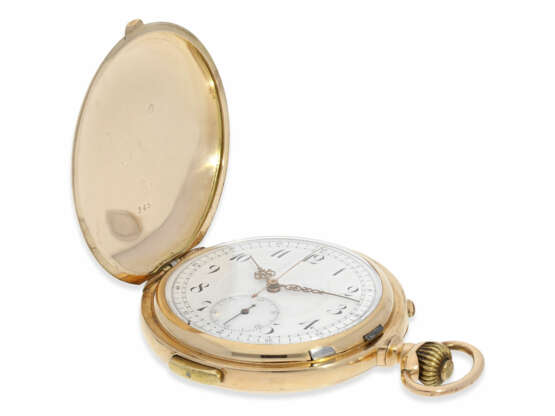 Taschenuhr: besonders große und schwere Goldsavonnette mit Minutenrepetition und Chronograph, Le Phare (Barbezat Baillot) Swiss Patent 13244, ca. 1900 - photo 8