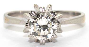 Brillant-Ring, 585er WG, ausgefasst mit 1 Brillanten von ca. 1,05 ct., LR- VVS, Ges.-Gew. 3,29 g, RG 51,5 (Wiederbeschaffungswert lt. Expertise 10.020,- €)