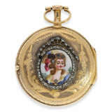 Taschenuhr: attraktive Gold/Emaille-Spindeluhr mit Steinbesatz, königlicher Uhrmacher Virginio Girard & De Montanrouge à Carouge, Horloger du Roy, ca.1760 - Foto 1