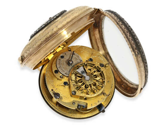 Taschenuhr: attraktive Gold/Emaille-Spindeluhr mit Steinbesatz, königlicher Uhrmacher Virginio Girard & De Montanrouge à Carouge, Horloger du Roy, ca.1760 - photo 2