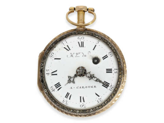 Taschenuhr: attraktive Gold/Emaille-Spindeluhr mit Steinbesatz, königlicher Uhrmacher Virginio Girard & De Montanrouge à Carouge, Horloger du Roy, ca.1760 - photo 3