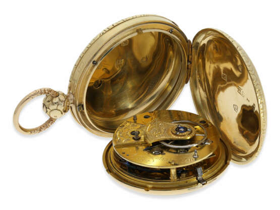 Taschenuhr: besonders schwere englische Goldsavonnette mit Rechenankerhemmung und seltener 15-Sekunden-Anzeige, Morris Tobias & Co, London No.882, Hallmarks 1806 - Foto 2