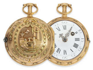 Taschenuhr: prächtige, mehrfarbige Spindeluhr mit Diamantbesatz und Repetition a toc et a tact, bedeutender Uhrmacher Blondel Geneve, um 1775