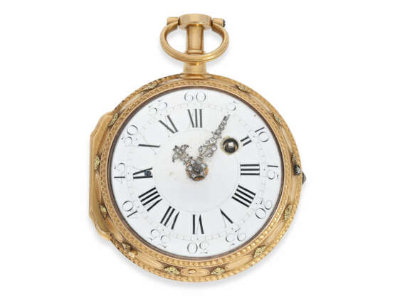 Taschenuhr: prächtige, mehrfarbige Spindeluhr mit Diamantbesatz und Repetition a toc et a tact, bedeutender Uhrmacher Blondel Geneve, um 1775 - фото 3