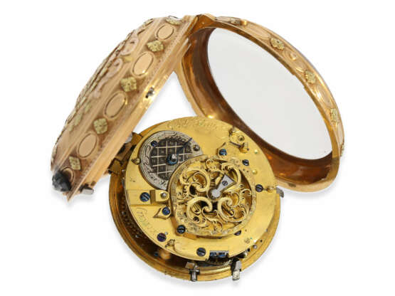 Taschenuhr: prächtige, mehrfarbige Spindeluhr mit Diamantbesatz und Repetition a toc et a tact, bedeutender Uhrmacher Blondel Geneve, um 1775 - photo 5