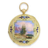 Taschenuhr: ganz frühe Patek Philippe Gold/Emaille-Savonnette mit feinster Lupenmalerei, No.9996, ca. 1858 - Foto 3