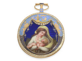 Taschenuhr: ganz außergewöhnliche Gold/Emaille-Spindeluhr mit feinster Lupenmalerei und Perlenbesatz, ca. 1800