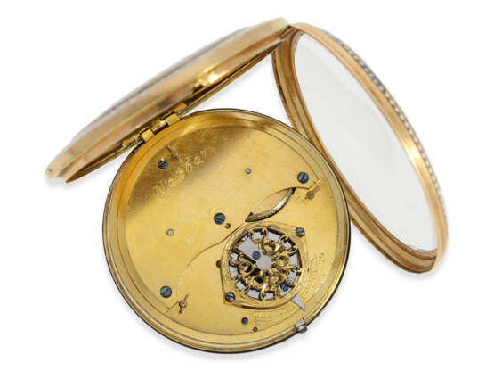 Taschenuhr: ganz außergewöhnliche Gold/Emaille-Spindeluhr mit feinster Lupenmalerei und Perlenbesatz, ca. 1800 - фото 3