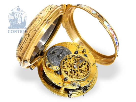 Taschenuhr: exquisite Rokoko Gold/Emaille-Spindeluhr mit Repetition a toc et a tact, Pierre Michaud a Paris, um 1760 - photo 3